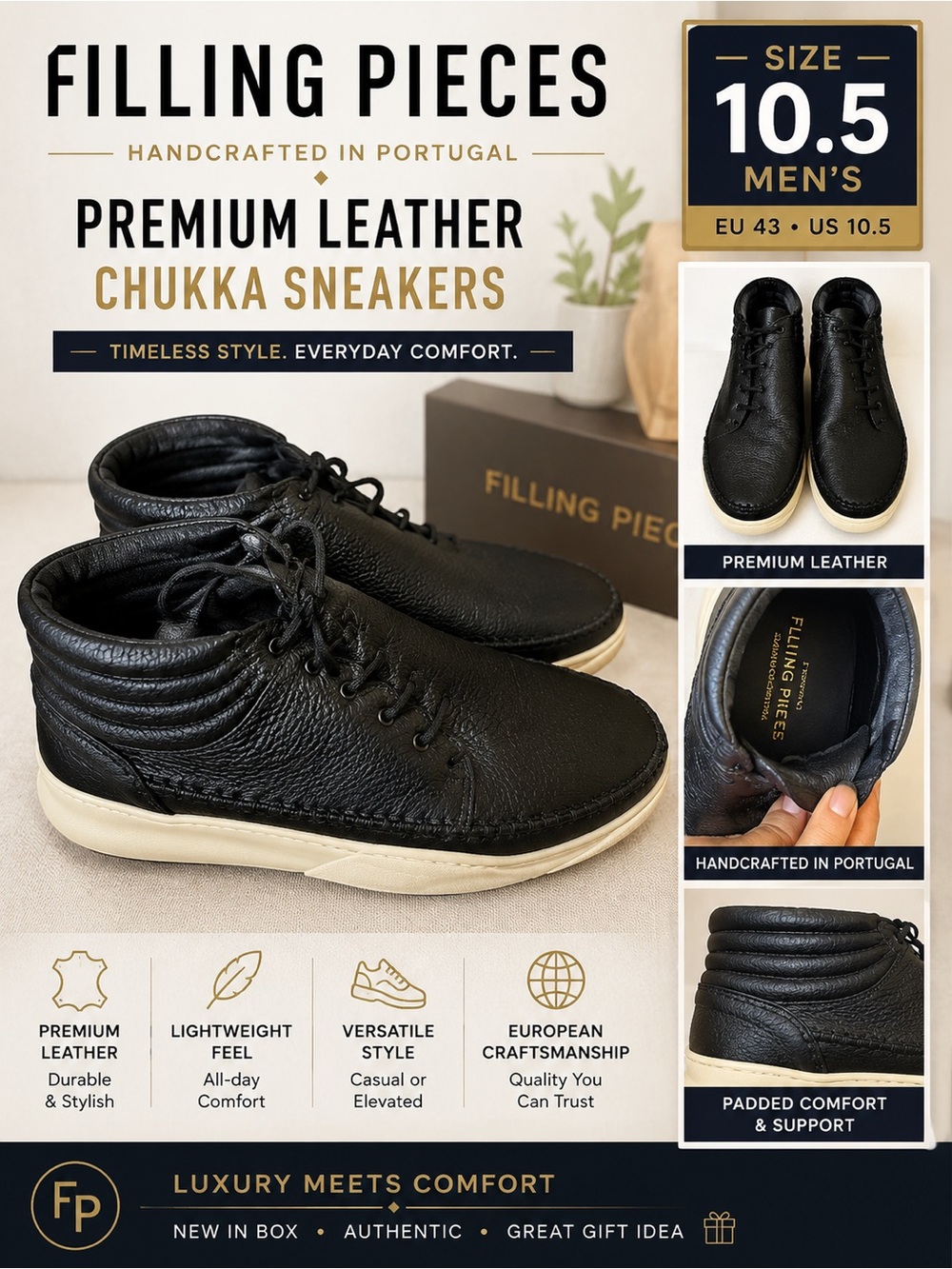 Filling Pieces Black Leather Chukka Boots Sneakers with Cream Sole Size 10.5